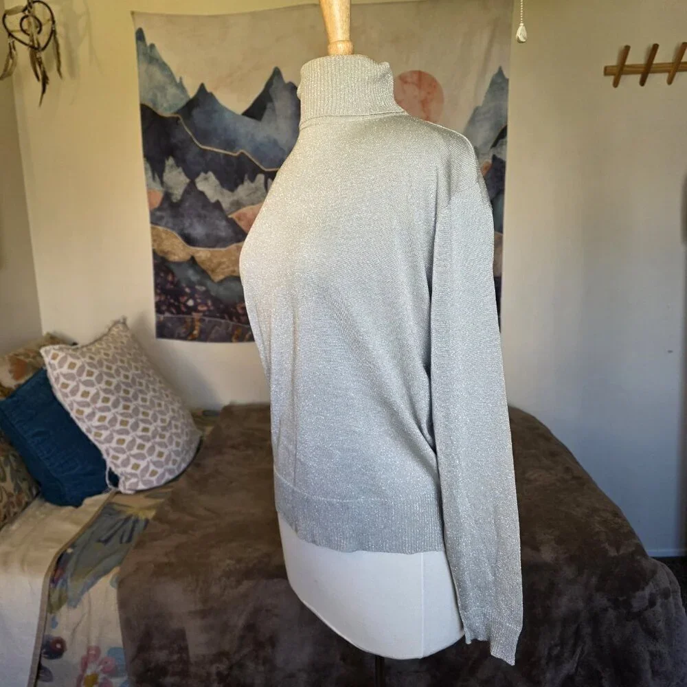 Composition NY Silk Blend Metallic Shimmer Turtleneck Sweater L Taupe Beige